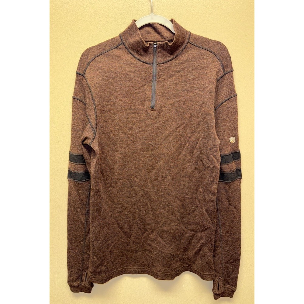 KUHL 1/4 Zip Pullover Sweater Mens Large Brown Black Merino Wool Thumbholes